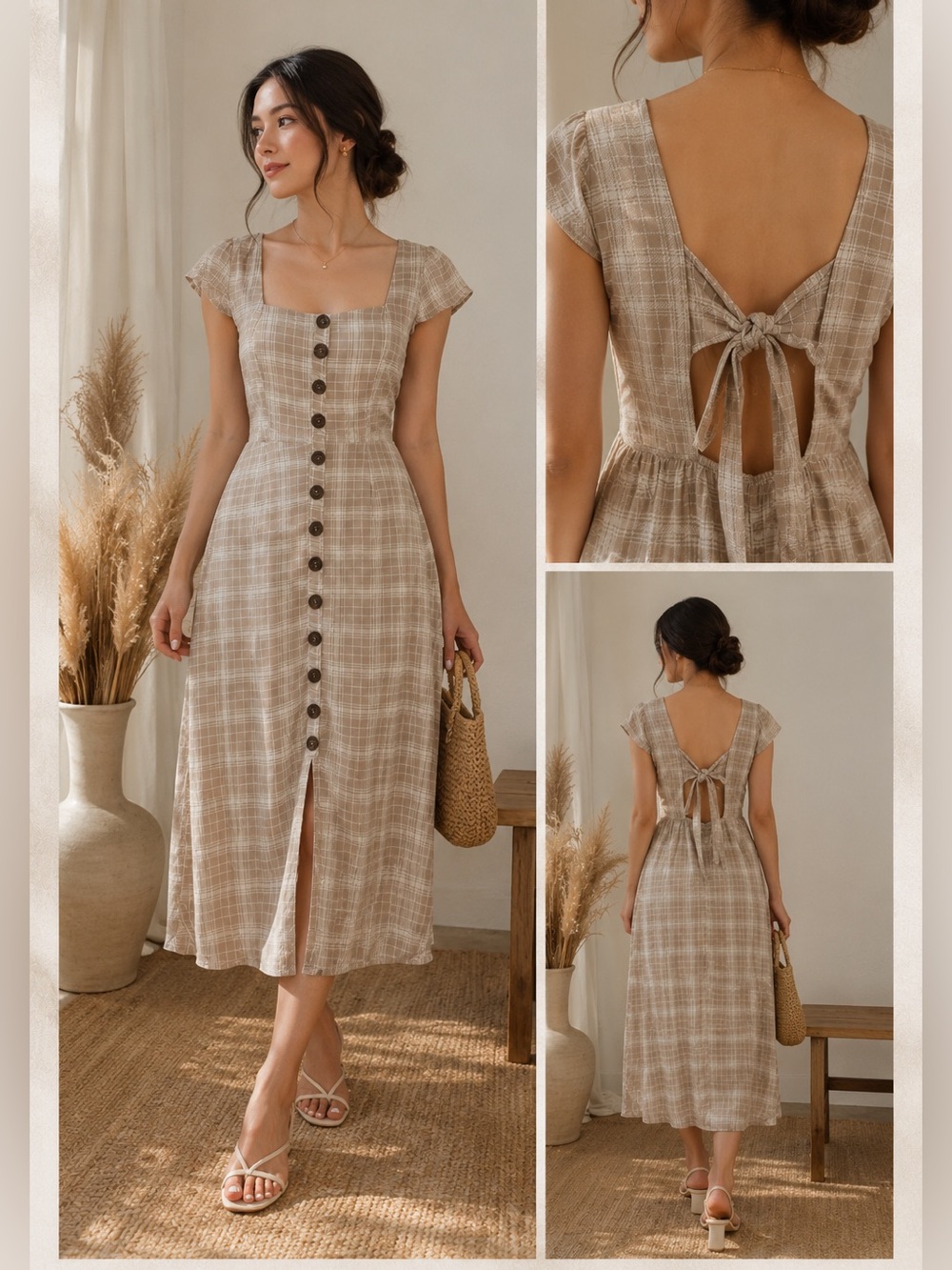 Trixxi Beige Plaid Midi Dress with Button Front & Back Tie
